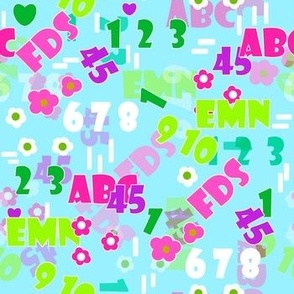 Sky blue children's pattern with letters and numbers for school