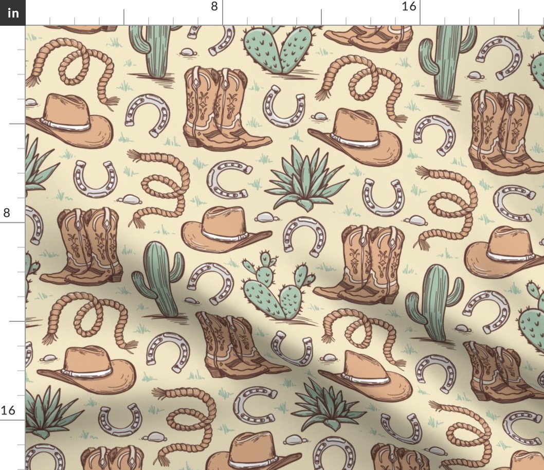 western toile cowboy wallpaper, fabric - cream WB24