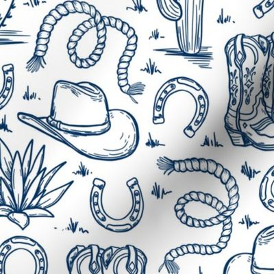 western toile cowboy wallpaper, fabric - navy and white WB24