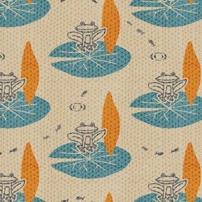 Observant little frog on lily pad in teal and orange on beige background with jumping fish