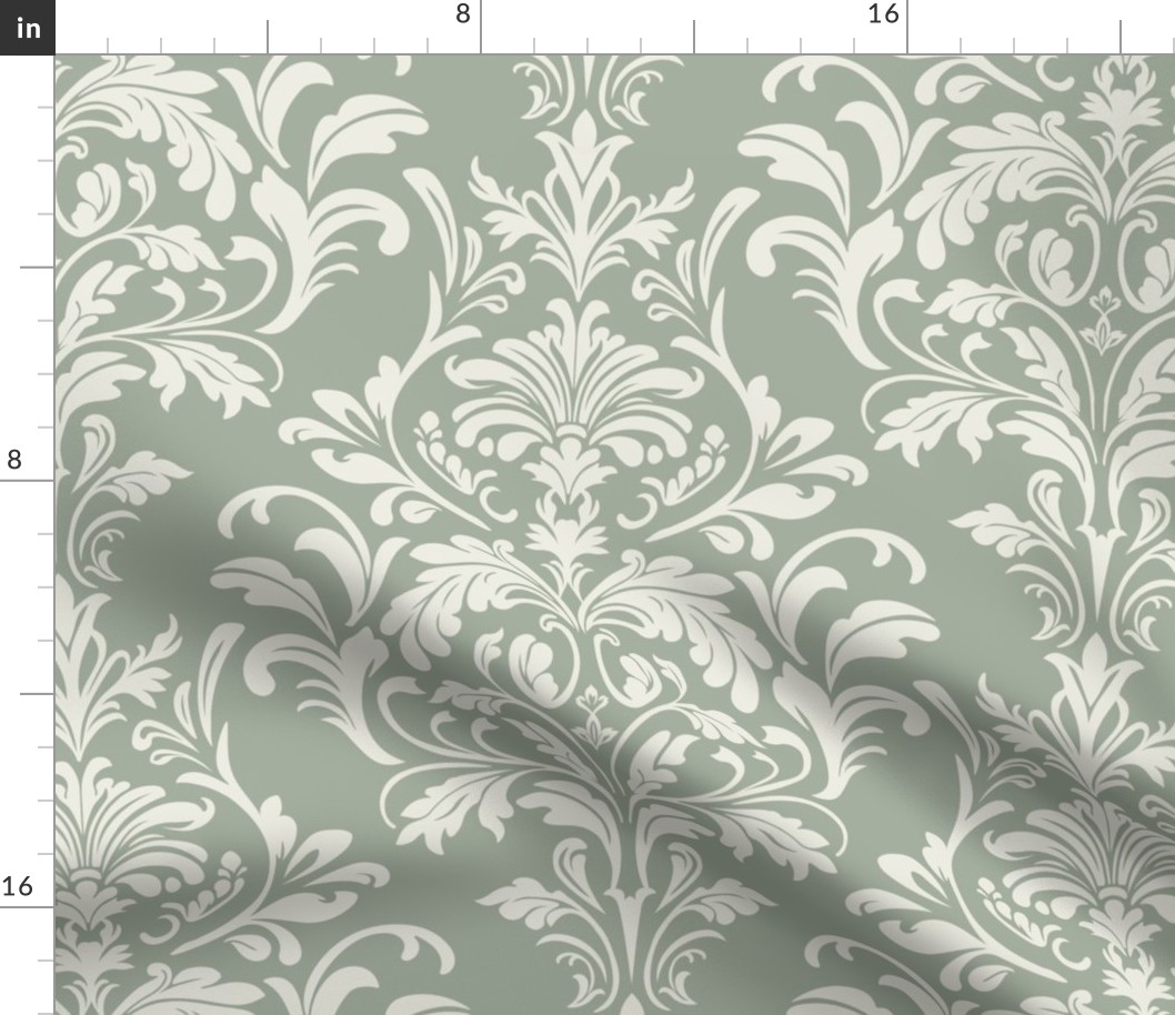 Art Nouveau Damask -Sage Green and White