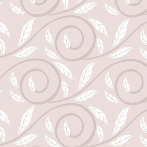 MEDIUM Delicate Hand-drawn Organic Textured Pale Pastel Pink and White Decorative Curliecue Leaves