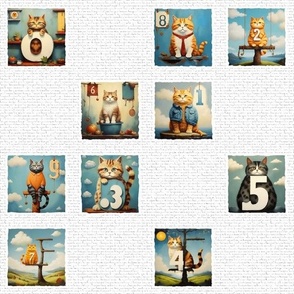 Cats with Numbers Images on a White Brick Wall | Cat Art | White Background
