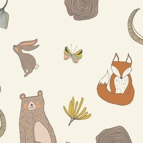 Moon Woodland Bear Fox and Butterfly in Ivory, Copper, Soft Taupe, Green