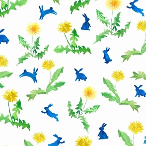 Dancing blue bunnies and yellow dandelions - on white