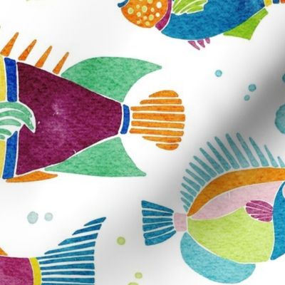 watercolor psychedelic fish large - colorful sea swimmers - multicolored hand-painted fish wallpaper