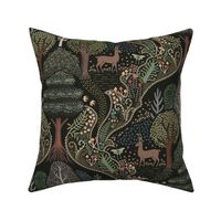 Forest Biome - forest ecosystem with trees and flowers with deer, luna moths, mushrooms and ferns - decorative ogee - olive greens - large