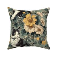 Black and white kitty on large floral background