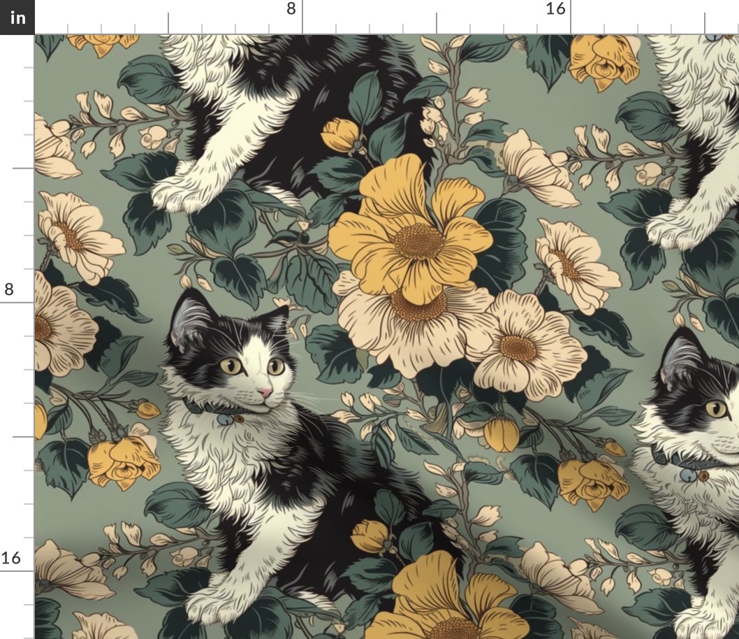 Black and white kitty on large floral background