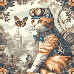 Steampunk kitty on a georgian floral background