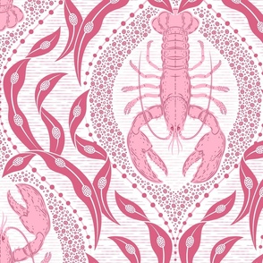 2 directional - Lobster and Seaweed Nautical Damask - white pink raspberry red - large scale