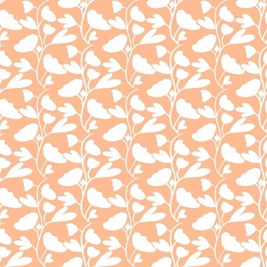 Mid Century Modern , flowers and  leaves in white, ecru on a a pink salmon,  2024 Pantone colors