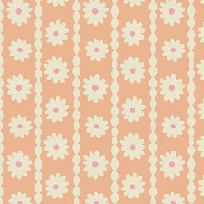 Cute Retro Daisy Chain in Peach and creamy off-white whit pink dot floral centers