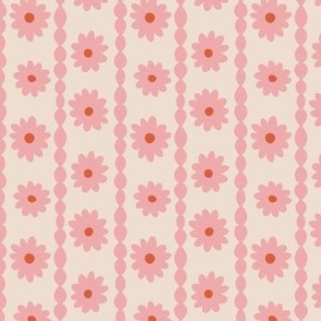 Cute Retro Daisy Chain in Pink, creamy off-white and red dot floral centers