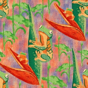 24” repeat Leap year tree frogs on tropical flowers and leaves with painterly faux woven burlap texture greens, violet and orange 