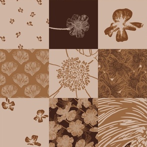 6” Pua Kala Hawaii Flower Cheater Patchwork Quilt Brown Earth Tones