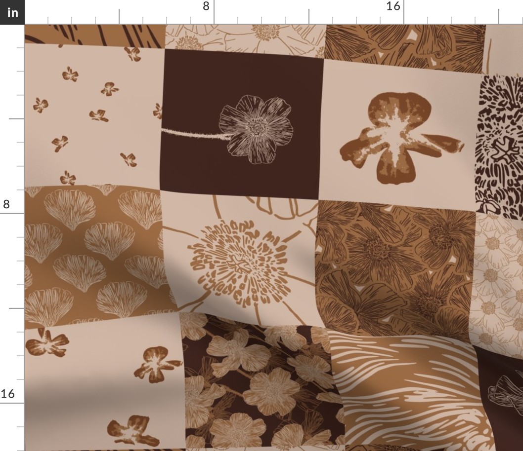 6” Pua Kala Hawaii Flower Cheater Patchwork Quilt Brown Earth Tones