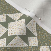 Faux Quilt, Green, Yellow Flowers, Quilt Star, Sawtooth Star, Cottage Core