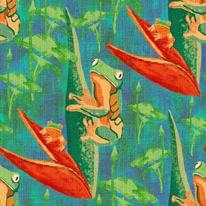 24” repeat Leap year tree frogs on tropical flowers and leaves with painterly faux woven burlap texture I needs, orange and deep teals 