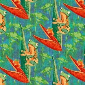 12”  repeat Leap year tree frogs on tropical flowers and leaves with painterly faux woven burlap texture reds, orange and deep teals 