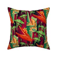 12”repeat Leap year tree frogs on tropical flowers and leaves with painterly faux woven burlap texture deep reds, orange and greens