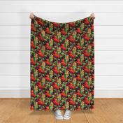 12”repeat Leap year tree frogs on tropical flowers and leaves with painterly faux woven burlap texture deep reds, orange and greens