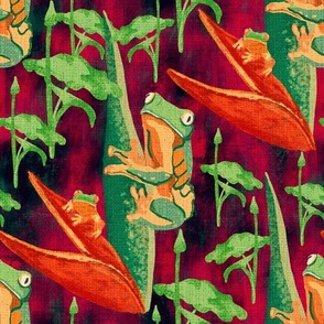 12”repeat Leap year tree frogs on tropical flowers and leaves with painterly faux woven burlap texture deep reds, orange and greens