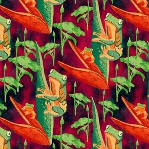 12” repeat Leap year tree frogs on tropical flowers and leaves with painterly faux woven burlap texture deep reds, orange and greens