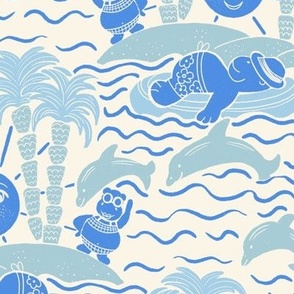 HIPPOS ON AN ISLAND | 12" | Secluded Island Hippo Haven: Cartoon Patchwork Tale with Dolphins, in blue shades and hues