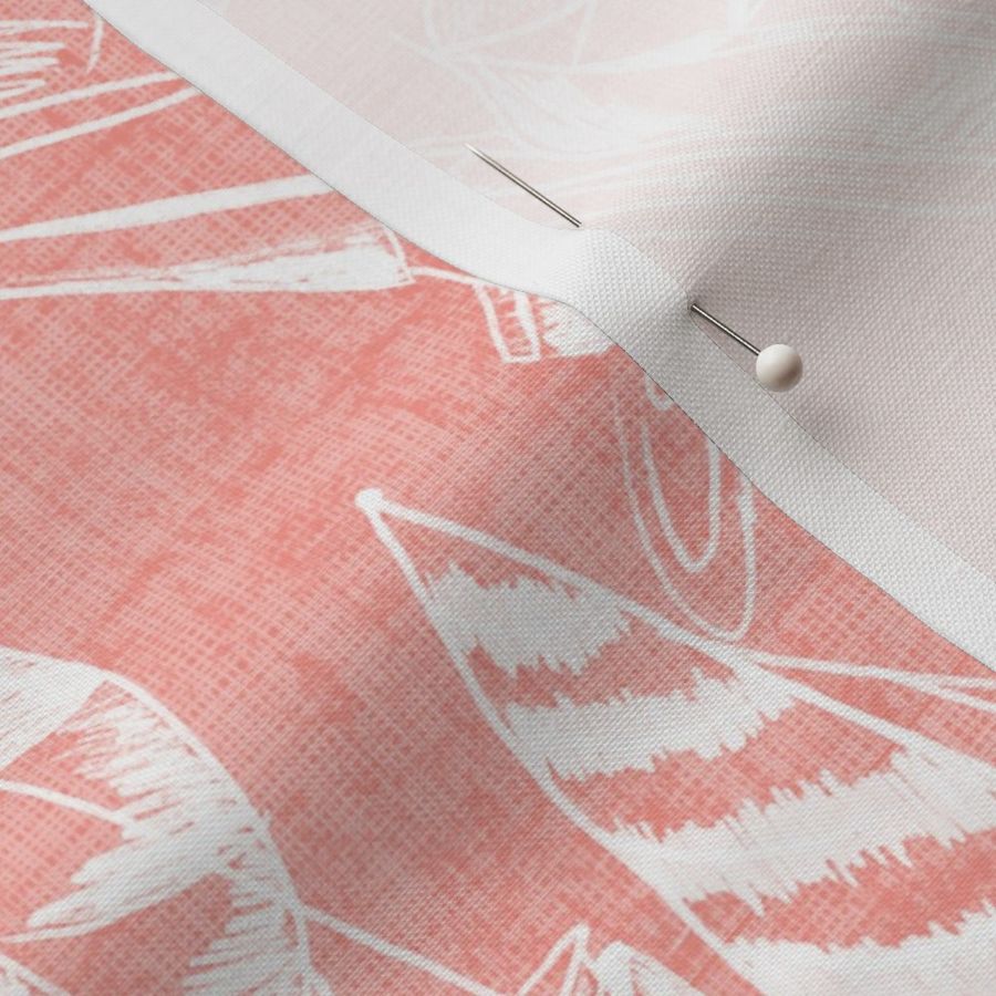 Sailboat Sketches onCoral Linen Texture Background, Small Scale Design