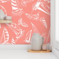 Sailboat Sketches on Coral Background, Small Scale Design