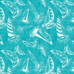 Sailboat Sketches on Teal Linen Texture Background, Small Scale Designs