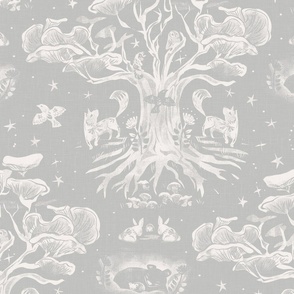 The Mushroom Tree _Whimsical Forest Biome Hidden secrets_ monochrome Baby Animals_Soft GREY - MEDIUM SCALE