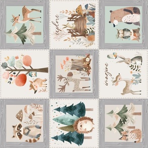 Woodland Path Quilt Top – forest animals baby blanket, woodland animals and trees, gender neutral, bear moose deer wolf rabbit (gray quilt B) ROTATED