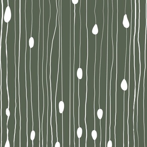 Drops and dots with intermittent broken lines, off-white on dark green / backwoods - large scale 