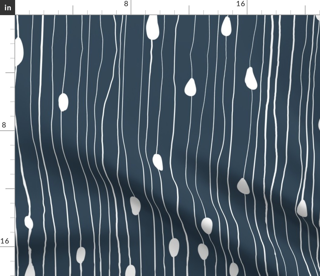 Drops and dots with intermittent broken lines, off-white on dark teal blue / gentlemans gray - large scale