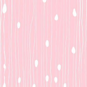 Drops and dots with intermittent broken lines, off-white on light pink / may flowers - large scale