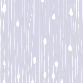 Drops and dots with intermittent broken lines, off-white on lavender / lilac / spring iris - large scale