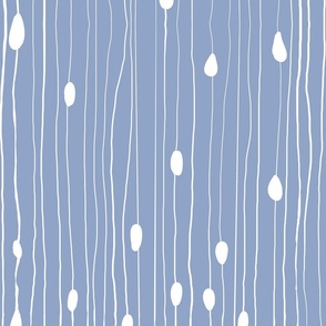 Drops and dots with intermittent broken lines, off-white on blue / pressed violet - large scale