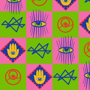 Bright Kitschy 70s Vintage Retro Checkers with Mystic Eyes and Celestial Hamsa Hand Money Manifestation Pink and Green Whimsigoth Checkerboard
