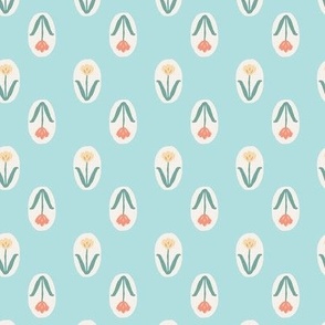 Spring Tulips in Coral and Lemon Yellow on Aqua Blue - 2 inch