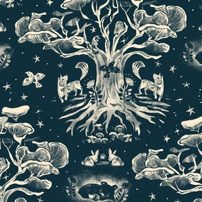 The Mushroom Tree _Whimsical Forest Biome Hidden secrets_ monochrome __ sacred dark woodland shadows_DARK TEAL GREEN_ MEDIUM SCALE