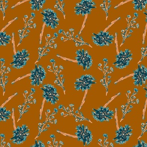 Twigs & Flowers in Peach Turquoise on Mustard Yellow Delight