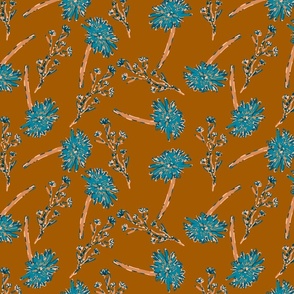 Twigs & Flowers in Peach Blue on Mustard Elegance