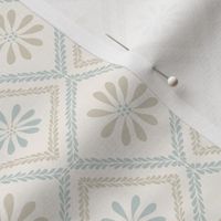 Cozy in pale blue, cream, and taupe brown block printing inspired floral lattice large 