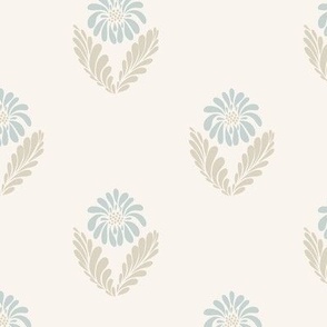 Sweet block printing inspired flower in French pale blue, cream, and taupe brown large 