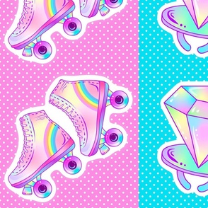 90s Baby Rollerskates and Ring Pop 12x12 Panels for Cut and Sew Appliques or Peel and Stick Wallpaper Decals in Pastel Rainbow Colors