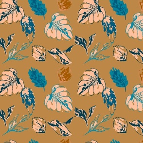 Sunlit Tropics: Tropical Leaves in Peach, Blue, Orange on Dull Yellow - Elevate Your Space with Spoonflower's Botanical Elegance