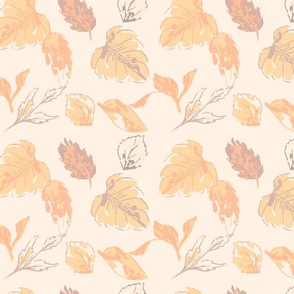 Whispers of Tropics: Tropical Leaves in Pastel Yellow, Peach, White on Beige - A Spoonflower Symphony of Tranquil Elegance