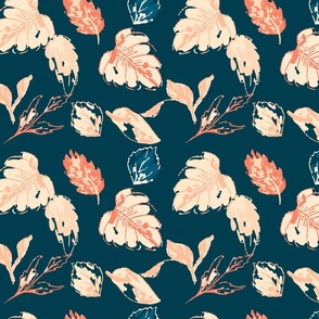 Eternal Sunset: Tropical Leaves in Peach and Orange on Dark Blue - A Spoonflower Tapestry of Nature's Warm Embrace